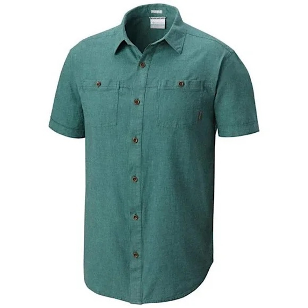 Columbia Men's Short Sleeve Button-Down Shirt Teal Hemp and Linen